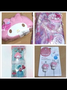 SANRIO MY MELODY SOAP DISH, SHOWER CAP, CABLE PROTECTOR BOTTLE CAP STRAWS BUNDLE